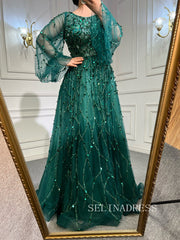 A-line Scoop Long Sleeve Green Long Prom Dress Sparkly Evening Gowns hlks016|Selinadress