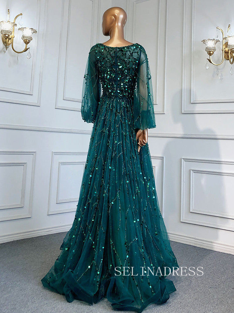 A-line Scoop Long Sleeve Green Long Prom Dress Sparkly Evening Gowns hlks016|Selinadress