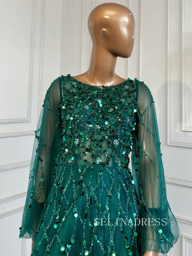 A-line Scoop Long Sleeve Green Long Prom Dress Sparkly Evening Gowns hlks016|Selinadress