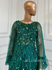 A-line Scoop Long Sleeve Green Long Prom Dress Sparkly Evening Gowns hlks016|Selinadress