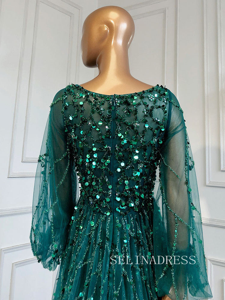 A-line Scoop Long Sleeve Green Long Prom Dress Sparkly Evening Gowns hlks016|Selinadress