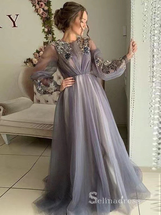 A-line Scoop Long Sleeve Prom Dresses 3D Floral Evening Gowns MHL140|Selinadress