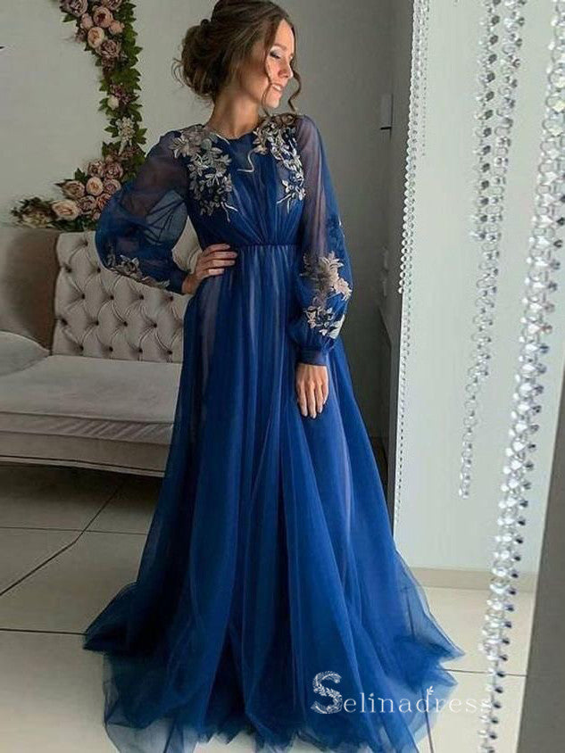 A-line Scoop Long Sleeve Prom Dresses 3D Floral Evening Gowns MHL140|Selinadress