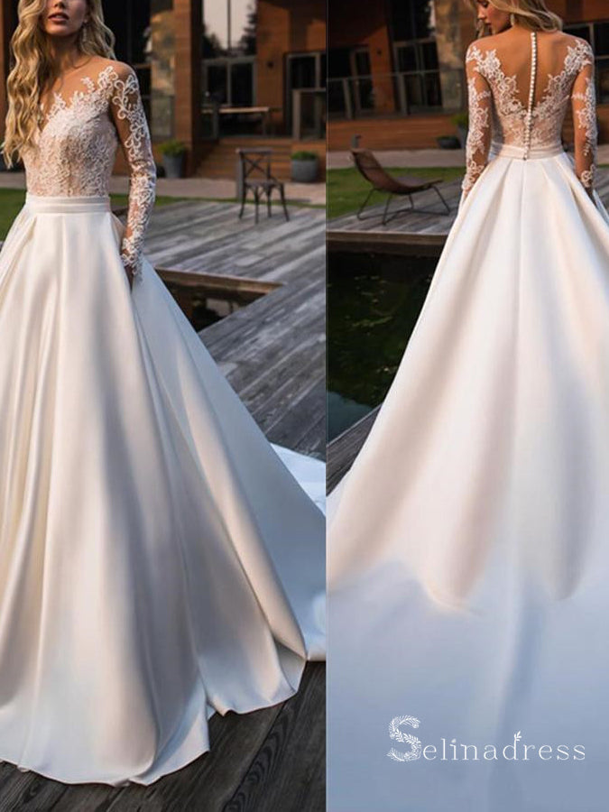 A-line Scoop Long Sleeve Wedding Dresses White Satin Bridal Gowns CBD388|Selinadress