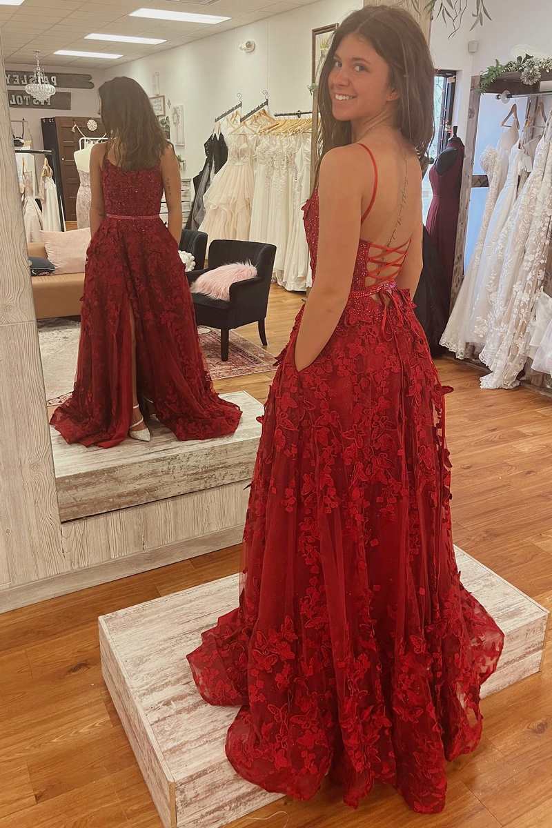 A-line Scoop Neck Red Lace Prom Dress Lace-up Prom Gown With Silt #QWE010|Selinadress