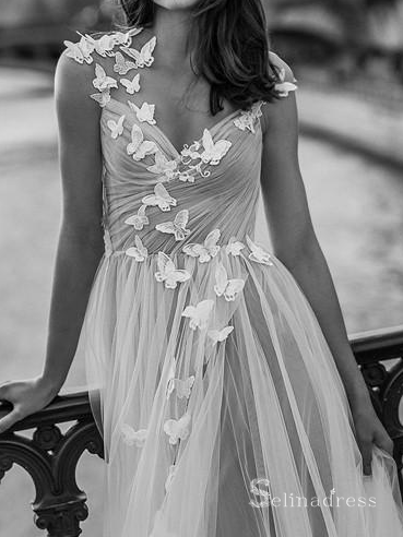 A-line Scoop Neck See Through Open Back Wedding Dresses With Butterfly Rustic Bridal Gowns CBD517|Selinadress