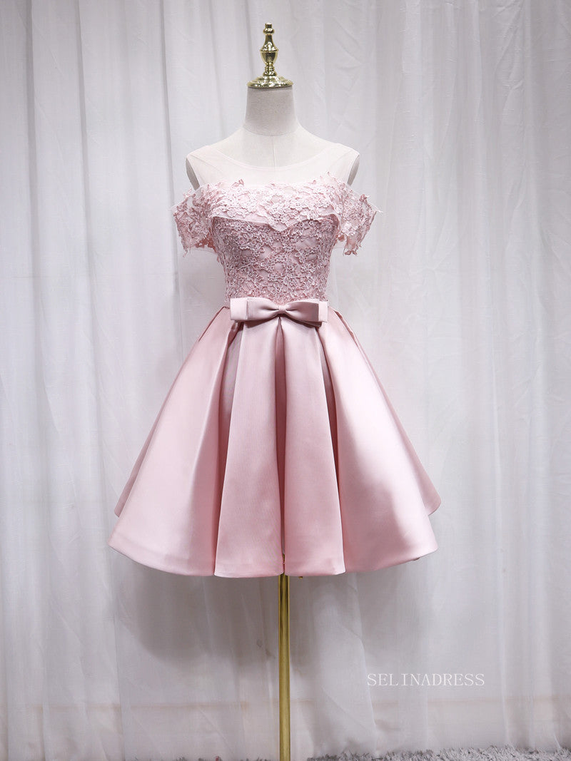 A-line Scoop Pink Lace Cute Homecoming Dress Short Prom Dresses EDS020|Selinadress