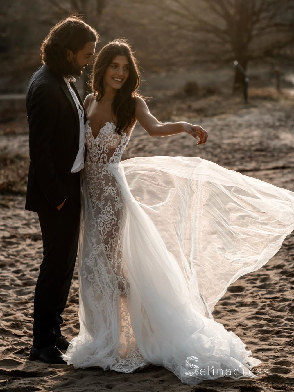 A-line Scoop See Through Rustic Applique Beaded Wedding Dresses Ivory Bridal Gowns MHL151|Selinadress