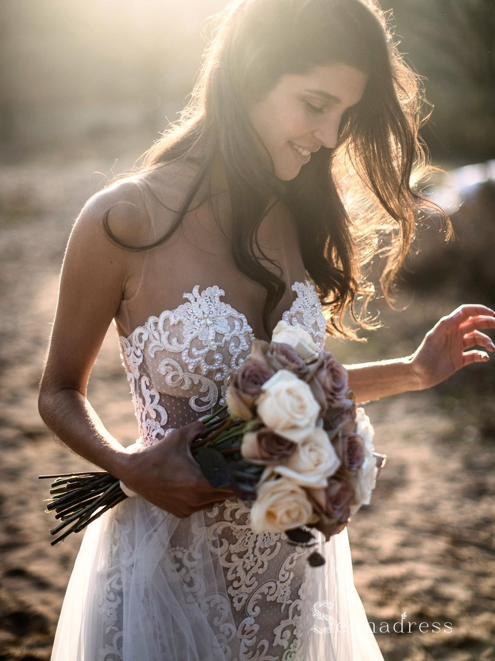 A-line Scoop See Through Rustic Applique Beaded Wedding Dresses Ivory Bridal Gowns MHL151|Selinadress