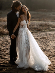 A-line Scoop See Through Rustic Applique Beaded Wedding Dresses Ivory Bridal Gowns MHL151|Selinadress