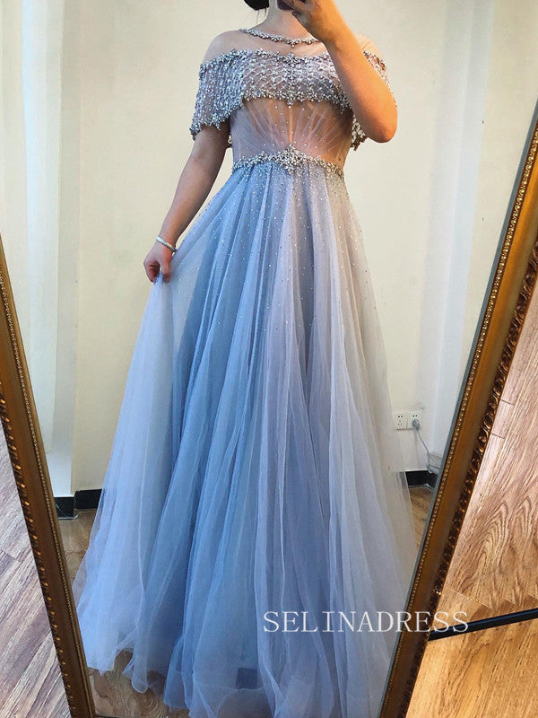 A-line Scoop Short Sleeve Blue Prom Dress Long Beaded Evening Formal Gown hlks011|Selinadress