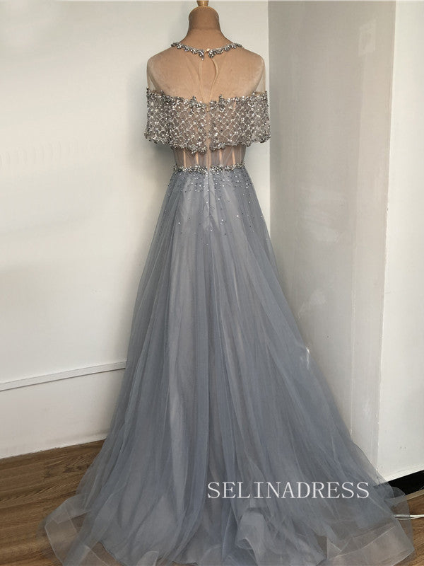 A-line Scoop Short Sleeve Blue Prom Dress Long Beaded Evening Formal Gown hlks011|Selinadress