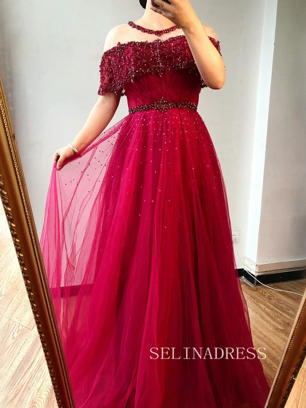 A-line Scoop Short Sleeve Blue Prom Dress Long Beaded Evening Formal Gown hlks011|Selinadress