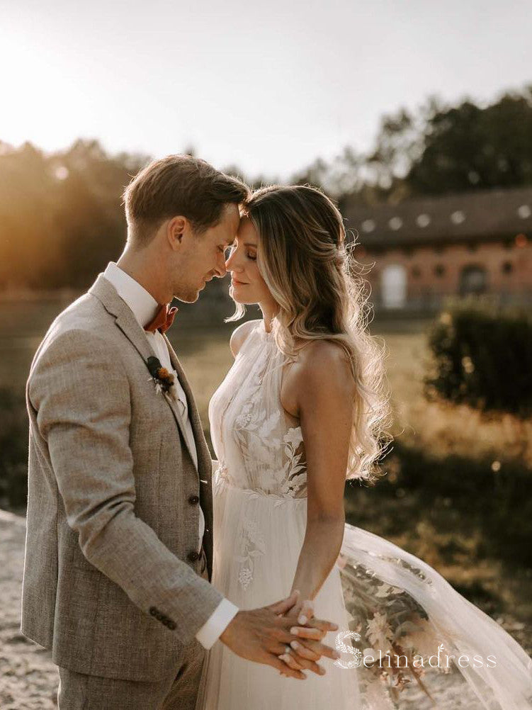 A-line Scoop Sleeveless See Through Rustic Wedding Dresses Beach Bridal Gowns CBD352|Selinadress