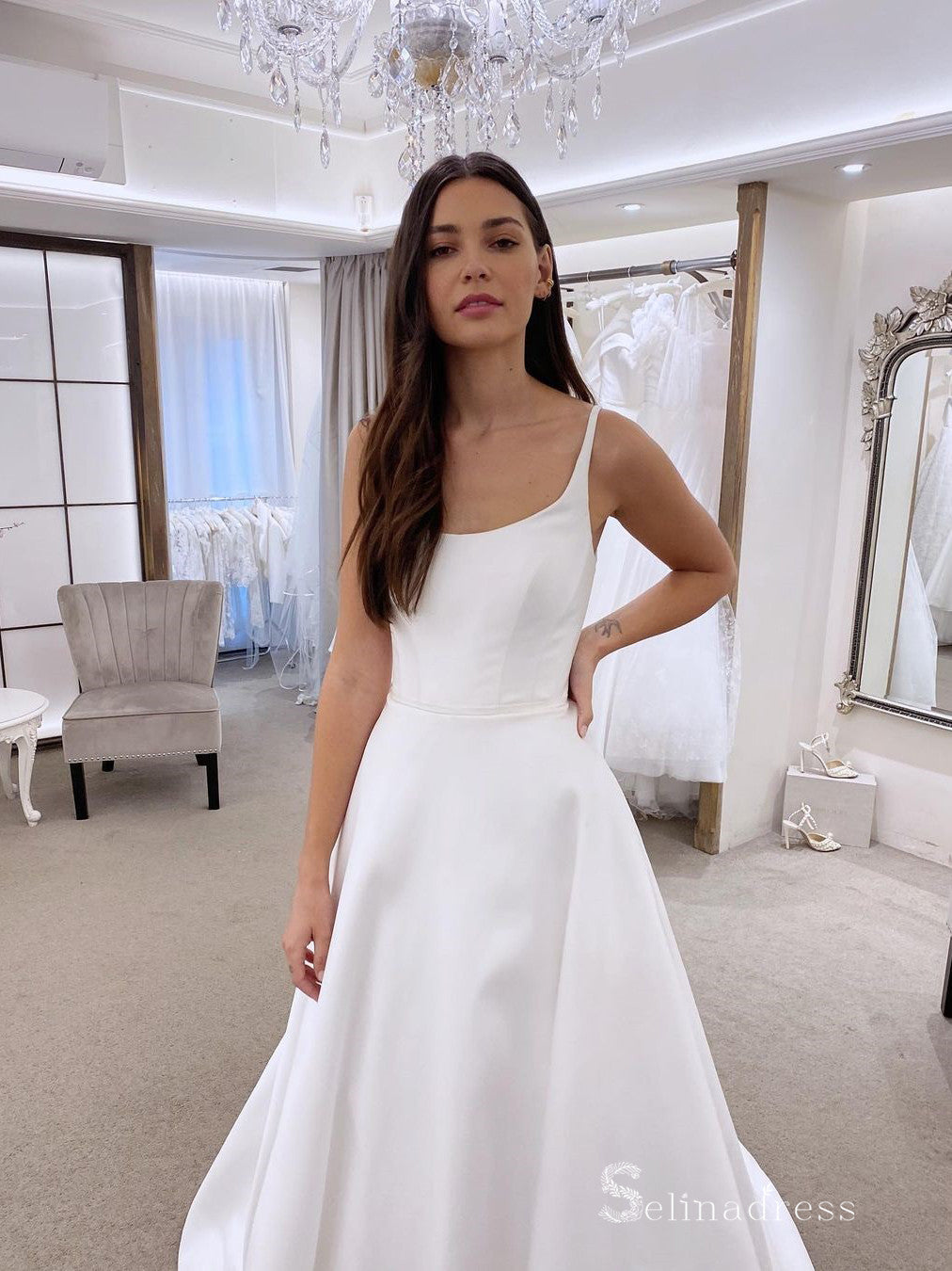 A-line Scoop Sleeveless White Satin Wedding Dresses Cheap Bridal Gowns MLH015|Selinadress