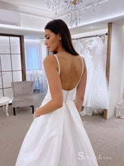 A-line Scoop Sleeveless White Satin Wedding Dresses Cheap Bridal Gowns MLH015|Selinadress