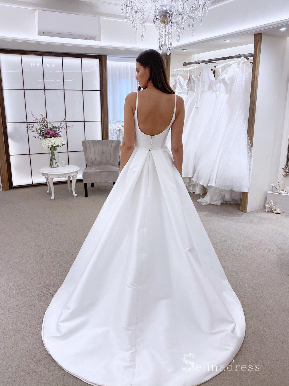 A line Scoop Sleeveless White Satin Wedding Dresses Cheap Bridal Gowns SELINADRESS