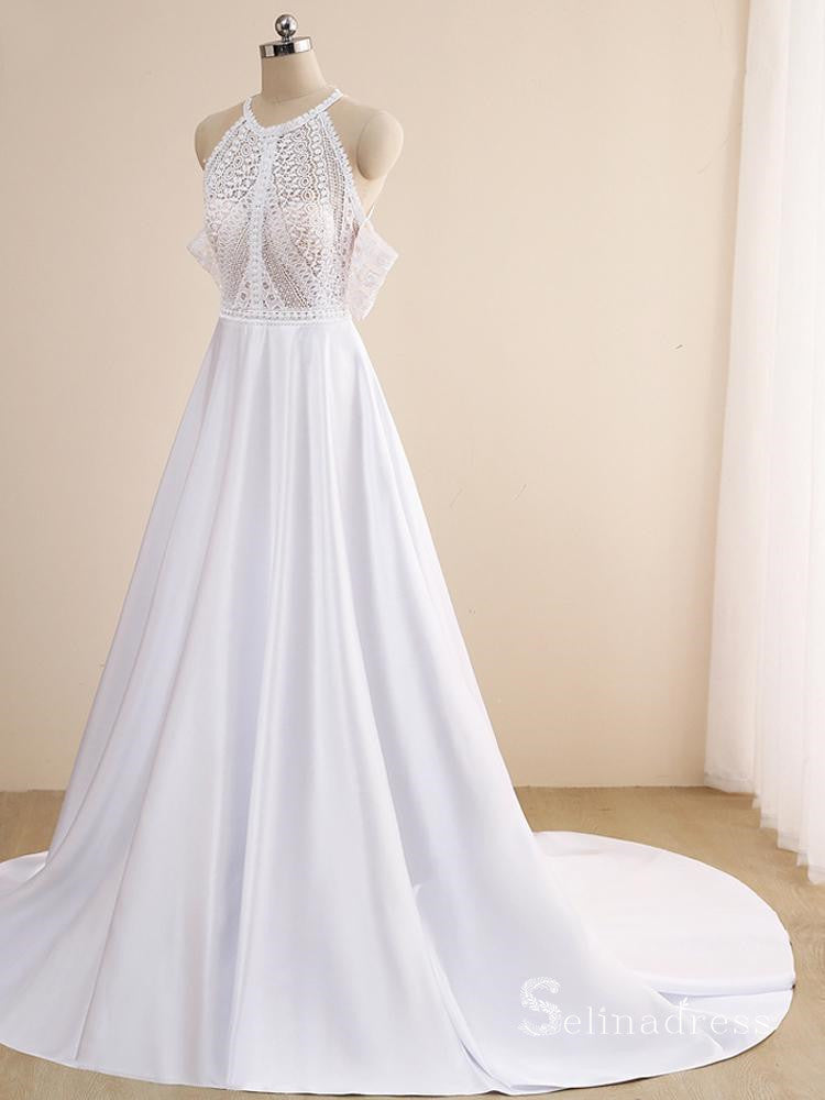 A-line Scoop White Boho Wedding Dresses White Satin Bridal Gowns CBD387|Selinadress