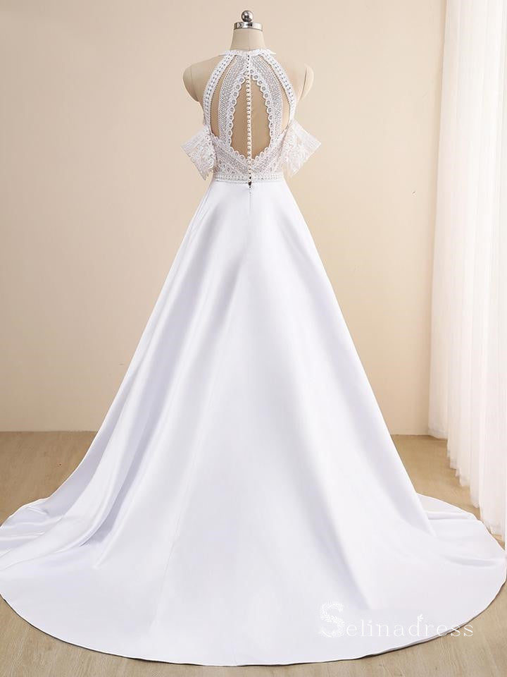 A-line Scoop White Boho Wedding Dresses White Satin Bridal Gowns CBD387|Selinadress