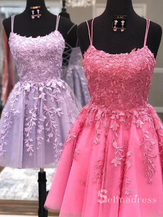 Cute V Neck Purple Lace Short Prom Dresses, Lilac Lace Homecoming
