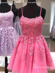 A-line Spaghetti Straps Applique Lilac Short Prom Dress Homecoming Dresses #CBD592