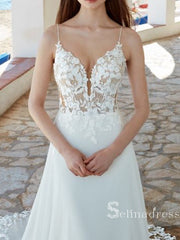 A-line Spaghetti Straps Applique Wedding Dress Romantic Bridal Dresses RYU024|Selinadress