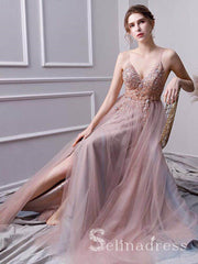 A-line Spaghetti Straps Beaded Long Prom Dress Dust Pink Gorgeous Formal Pageant Evening Dress SED049