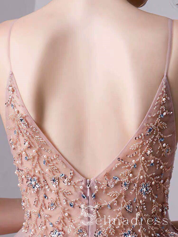 A-line Spaghetti Straps Beaded Long Prom Dress Dust Pink Gorgeous Formal Pageant Evening Dress SED049