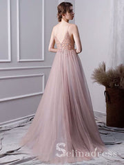 A-line Spaghetti Straps Beaded Long Prom Dress Dust Pink Gorgeous Formal Pageant Evening Dress SED049