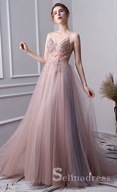 A-line Spaghetti Straps Beaded Long Prom Dress Dust Pink Gorgeous Formal Pageant Evening Dress SED049