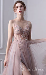 A-line Spaghetti Straps Beaded Long Prom Dress Dust Pink Gorgeous Formal Pageant Evening Dress SED049