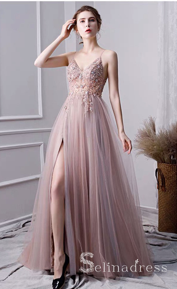 A-line Spaghetti Straps Beaded Long Prom Dress Dust Pink Gorgeous Formal Pageant Evening Dress SED049