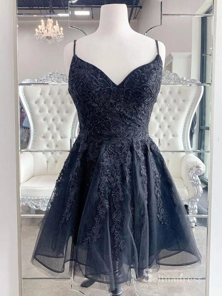 Black Lace Prom Dresses Short A Line