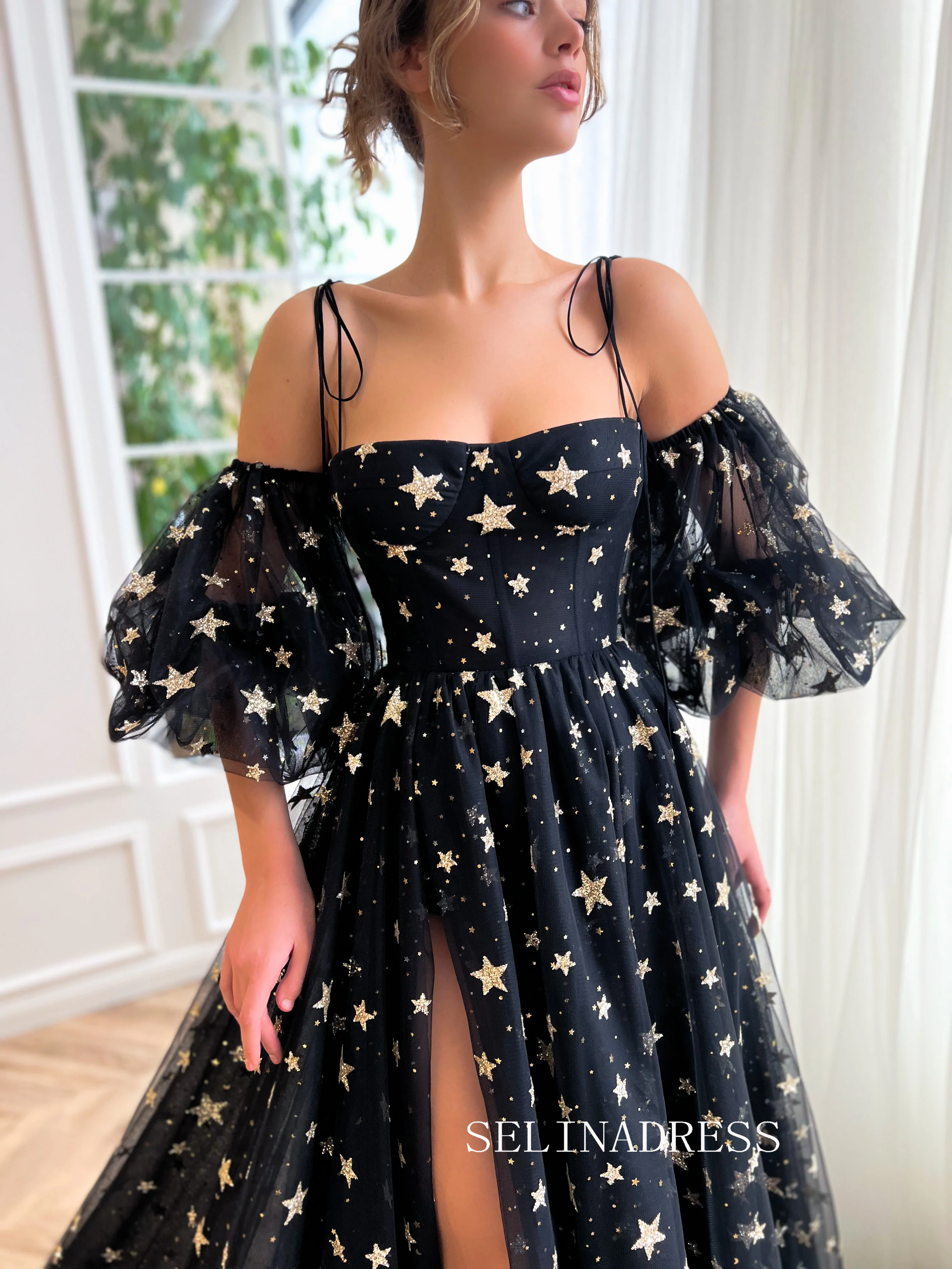 A-line Spaghetti Straps Black Long Prom Dress Celestial Crystalline Gown Formal Dress Evening Dress JKSS39|Selinadress