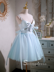 A-line Spaghetti Straps Blue Cute Short Homecoming Dress Summer Outfits THL007|Selinadress