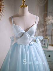 A-line Spaghetti Straps Blue Cute Short Homecoming Dress Summer Outfits THL007|Selinadress