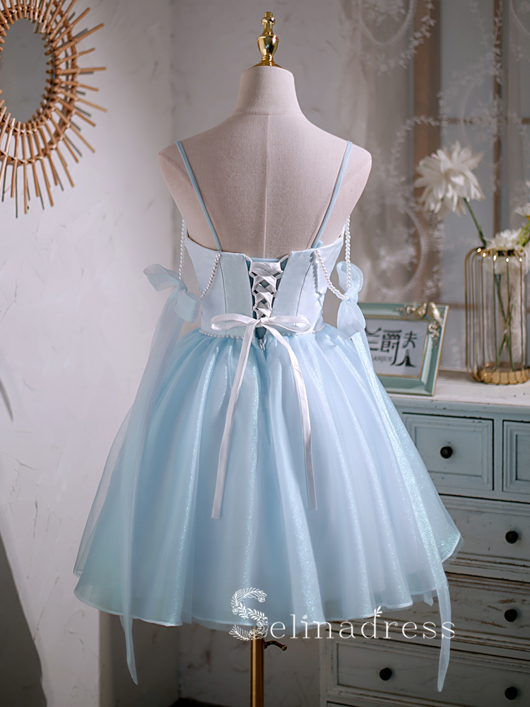 A-line Spaghetti Straps Blue Cute Short Homecoming Dress Summer Outfits THL007|Selinadress