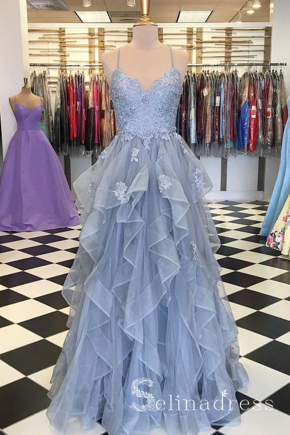 A-line Spaghetti Straps Blue Long Prom Dress Lace Formal Dresses Eveni ...