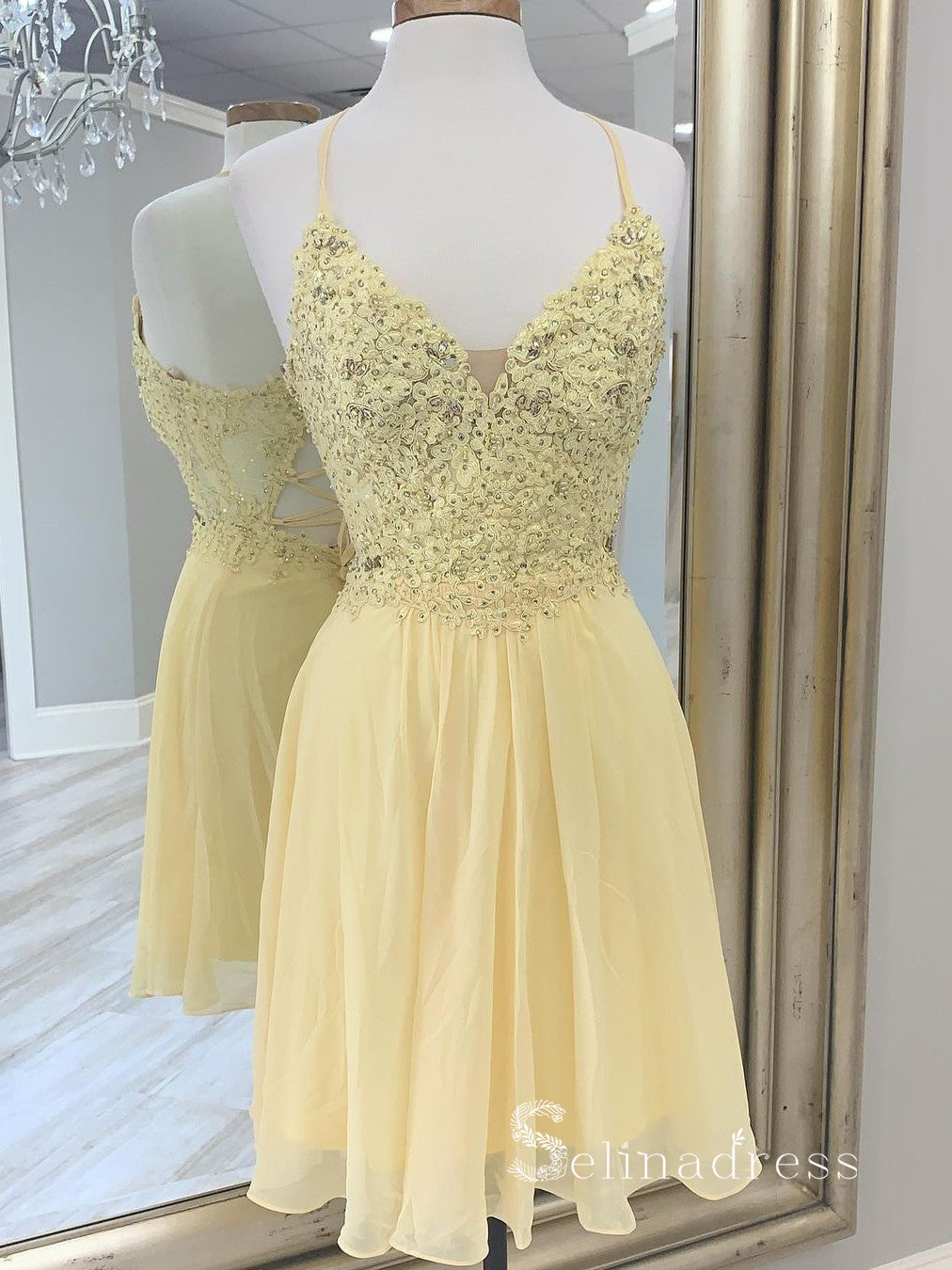 A-line Spaghetti Straps Daffodil Short Prom Dress Chiffon Homecoming Dresses #CBD059|Selinadress