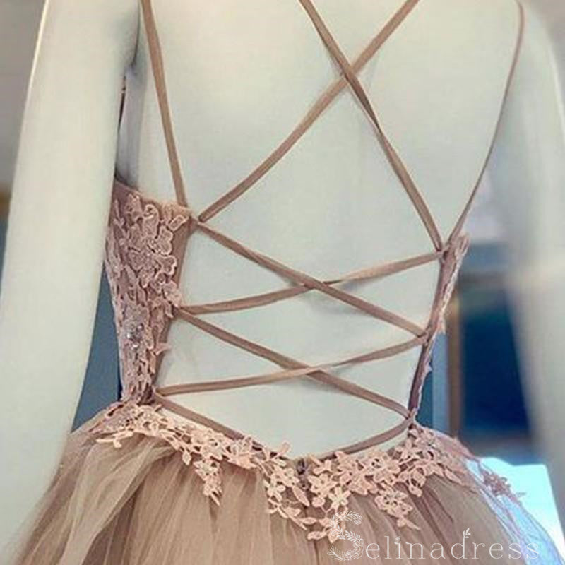 A-line Spaghetti Straps Dusty Pink Prom Dress Applique Long Formal Evening Dresses #SED174|Selinadress