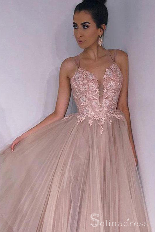 A line Spaghetti Straps Dusty Pink Prom Dress Applique Long Formal Eve SELINADRESS