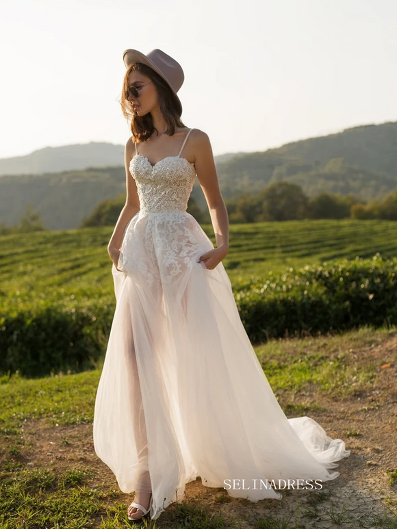 A-line V-neck Lace Rustic Country Wedding Dresses With Short Sleeves SEW063  – SELINADRESS