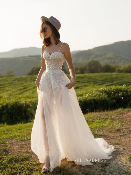 A-line V neck Lace Applique Wedding Dress Rustic Country Wedding Dress –  SELINADRESS