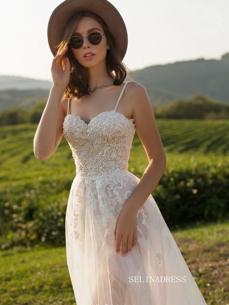 A-line Spaghetti Straps Lace Wedding Dress Rustic Tulle Country Wedding Dresses KTC008|Selinadress