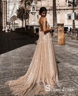 A-line Spaghetti Straps Long Prom Dress Sparkly Elegant Backless Formal Gowns SED015