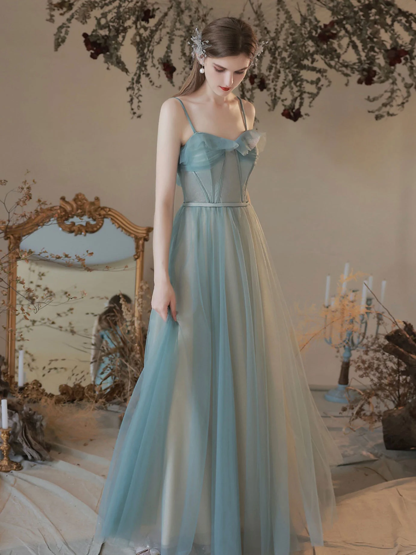 A-line Spaghetti Straps Mint Green Long Prom Dress Cheap Evening Dresses RYU040|Selinadress