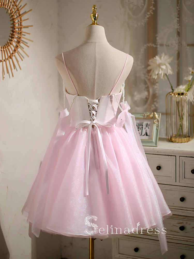 A-line Spaghetti Straps Pink Cute Short Homecoming Dress Summer Outfits THL006|Selinadress