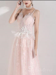 A-line Spaghetti Straps Pink Lace Long Prom Dress Cheap Formal Dress #SED164