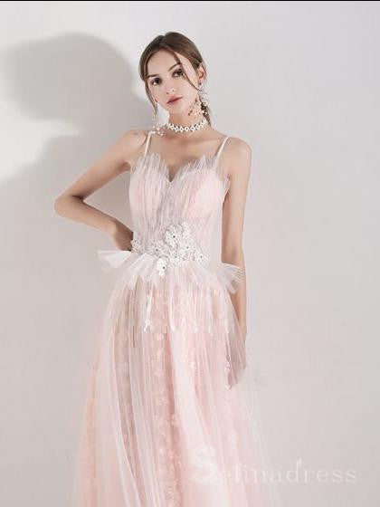 A-line Spaghetti Straps Pink Lace Long Prom Dress Cheap Formal Dress #SED164