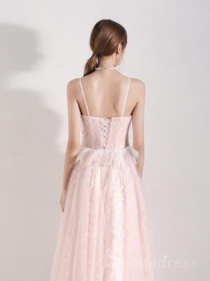 A-line Spaghetti Straps Pink Lace Long Prom Dress Cheap Formal Dress #SED164